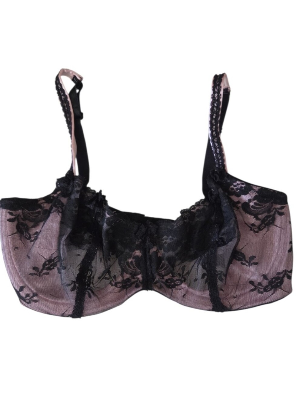 cacique unlined underwire bra sheer black lace blush pink mesh cups 38DD